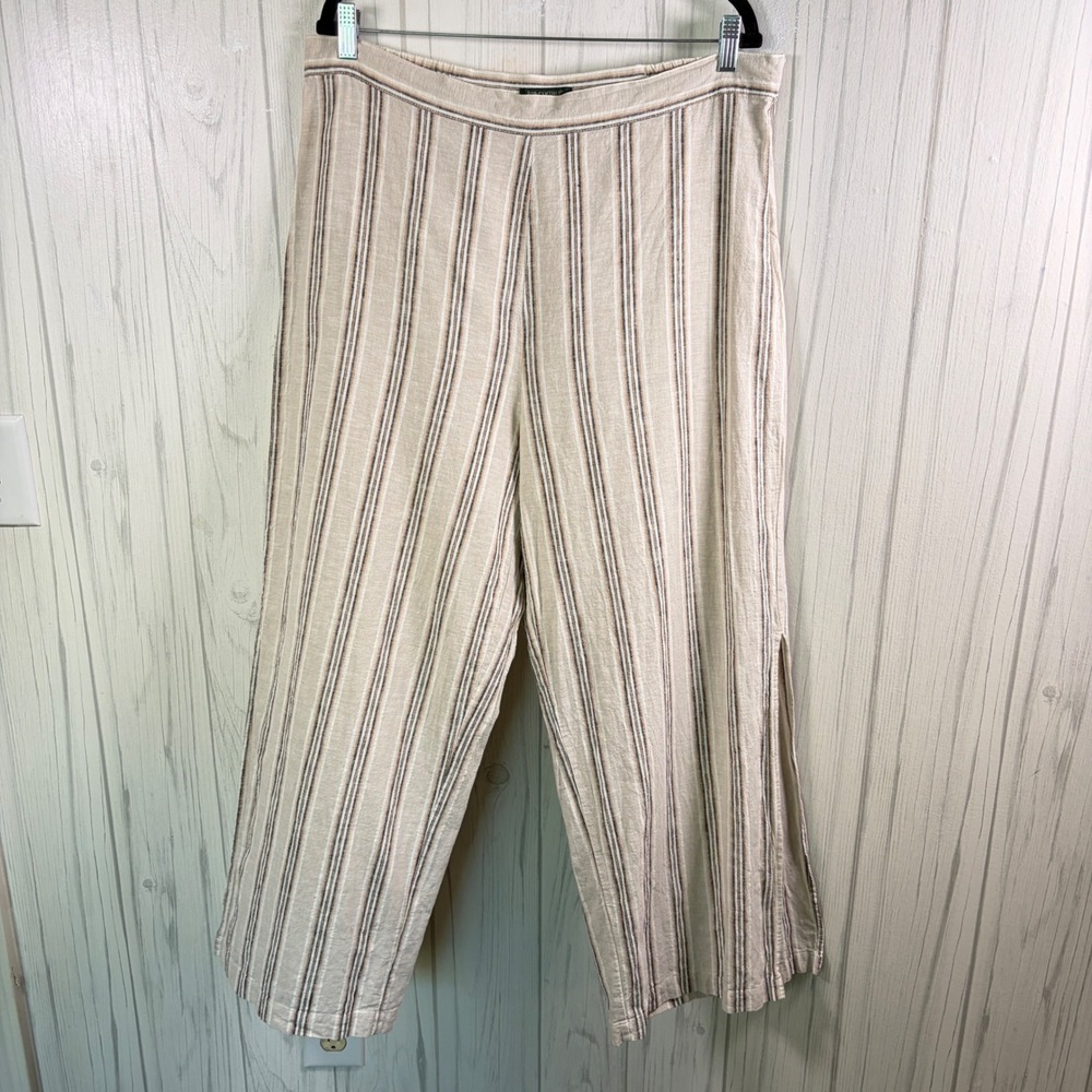 FOR CYNTHIA Linen Blend Beige Wide Leg Striped Ankle Pant, XL